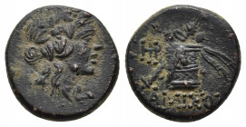 Pontos, Amisos. Time of Mithradates VI Eupator circa 120-63 BC, AE Bronze.
Obv: Head of Dionysos right, wearing ivy wreath.
Rev: AMIΣOV - thyrsos lean...