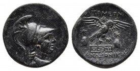 PHRYGIA. Apameia. Ae (Circa 88-40 BC). Andronikos, son of Alkios, magistrate.
Obv: Helmeted bust of Athena right, wearing aegis.
Rev: AΠAMEΩN / ANΔPON...