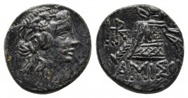 Pontos, Amisos. Time of Mithradates VI Eupator circa 120-63 BC, AE Bronze.
Obv: Head of Dionysos right, wearing ivy wreath.
Rev: AMIΣOV - thyrsos lean...