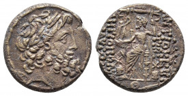 SELEUKIS & PIERIA. Antioch. Ae Tetrachalkon (1st century BC). Dated year 9 of the Ceasarean era (41/0 BC).
Obv: Laureate head of Zeus right.
Rev: ANTI...