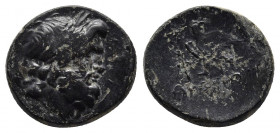 Lydia, Blaundos Æ. Circa 2nd century BC. Apollonios, son of Theogenes, magistrate. 
Obv: Laureate head of Zeus to right.
Rev: Eagle standing to left, ...