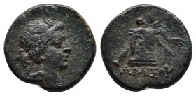 Pontos, Amisos. Time of Mithradates VI Eupator circa 120-63 BC, AE Bronze. 
Obv: Head of Dionysos right, wearing ivy wreath
Rev: AMIΣOY - thyrsos lean...