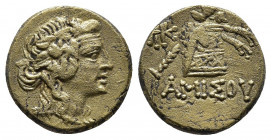 Pontos, Amisos. Time of Mithradates VI Eupator circa 120-63 BC, AE Bronze.
Obv: Head of Dionysos right, wearing ivy wreath.
Rev: AMIΣOY - thyrsos lean...