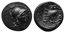 Mysia. Pergamon circa 180-150 BC.. AE Bronze.
Obv: Helmeted and draped bust of Athena right within wreath.
Rev: ΑΘΗΝΑΣ ΑΡΕΙΑΣ, owl standing right, hea...
