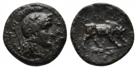 CARIA. Trapezopolis. Pseudo-autonomous. Time of Antoninus Pius (138-161). Ae. Poli- Adrastos, magistrate.
Obv: [ΤΡΑΠЄΖΟΠΟΛΙΤΩΝ].
Helmeted and draped b...