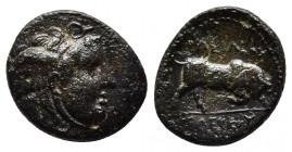 SELEUKID EMPIRE. Seleukos I Nikator. 312-281 BC. Æ. Antioch on the Orontes mint. Struck circa late 280s BC.
Obv: Winged head of Medusa right.
Bull but...