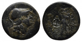 SELEUKID EMPIRE. Antiochos I Soter. 281-261 BC. Æ ( Aï Khanoum mint. 
Obv: Helmeted head of Athena right.
Rev: Nike advancing left, holding wreath; c/...