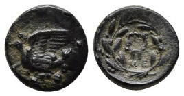 SIKYONIA, Sikyon. Circa 330-310/05 BC. Æ Dichalkon.
Obv: Dove flying left.
Rev: Wreath above small ME; all within wreath tying below. 
Warren, Bronze ...