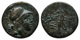Pontos. Amisos. Time of Mithradates VI Eupator circa 120-63 BC. Bronze Æ
Obv: Helmeted head of Ares right.
Rev: AΜΙ-ΣΟΥ, sword in sheath, monogram in ...