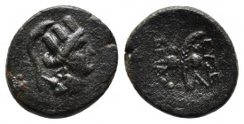 Cappadocia. Caesarea as Eusebeia circa 96-63 BC. Bronze Æ.
Obv: Turreted head of Tyche right.
Rev: ΕΥΣΕΒΕΙΑΣ, palm branch between two pilei. Monogram ...