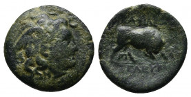 SELEUKID EMPIRE. Seleukos I Nikator. 312-281 BC. Æ. Antioch on the Orontes mint. Struck circa late 280s BC.
Obv: Winged head of Medusa right.
Bull but...