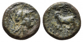 CILICIA. Aigeai. Ae (Circa 47-27 BC).
Obv: Helmeted head of Athena right.
Rev: AIΓEAIΩN. 
Goat standing left; monogram to left.
SNG France 2286.

Weig...