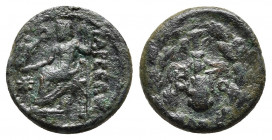 Cilicia, Tarsos. 164-27 B.C. AE.
Obv: Club tied with fillets; MH-TPO (in monogram form) flanking; within oak wreath.
Rev: TAPΣΕΩN,. Zeus seated left h...