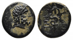 Mysia, Pergamon. Ca. 200-113 B.C. AE.
Obv: Laureate head of Asklepios (or Zeus) right.
Rev: ΑΣΚΛΗΠΙΟΥ / ΣΩΤΗΡΟΣ, serpent-entwined staff of Asklepios. ...