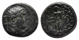 Lydia, Sardes. 2nd-1st century B.C. AE.
Obv: Head of youthful Herakles right, wearing lion's skin around neck.
Rev: ΣAPΔIANΩN, Apollo standing left, h...