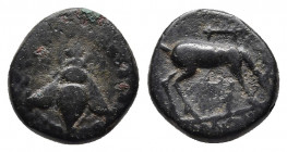 Ionia, Ephesos. Civic issue. 280-258 B.C. AE tetrachalkon. NANΘIA (?) magistrate. 
Obv: [A] - [B] to left and right of bee, all within laurel-wreath.
...
