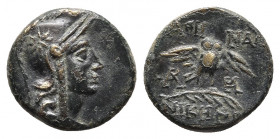 MYSIA. Pergamon. Ae (Circa 200-133 BC).
Obv: Head of Athena right, wearing helmet decorated with star.
Rev: AΘHNAΣ / NIKHΦOPOY. 
Owl standing facing o...
