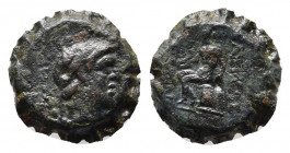 Seleukid Kingdom. Uncertain mint. Alexander I Balas 152-145 BC. Serrate Æ.
Obv: Diademed head right.
Rev: BAΣIΛEΩΣ AΛEΞANΔPOY, Apollo seated left on o...