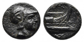 Kingdom of Macedon, Demetrios I Poliorketes Æ. Salamis, circa 300-295 BC. 
Obv: Helmeted head of Athena to right.
Rev: Prow of galley to right, BA abo...