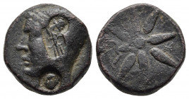 PONTOS. Uncertain. Time of Mithradates VI, circa 130-100 BC. AE Bronze.
Obv: Male head to left, wearing satrapal cap on head. countermarks: facing gor...