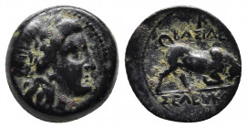 SELEUKID EMPIRE. Seleukos I (312-281 BC). Ae (280s BC). Seleucia II.
Obv: Laureate head of Apollo right.
Rev: BAΣΙΛΕΩΣ ΣEΛEYKOY. Bull butting right; K...