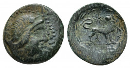 Ionia. Miletos circa 200-100 BC. ΒΙΑΡΗΣ (Biares), magistrate. Bronze Æ.
Obv: Laureate head of Apollo to right.
Rev: ΒΙΑΡΗΣ, lion standing right, head ...