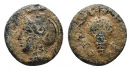 CILICIA, Soloi. Circa 400-350 BC. AE
Obv: Helmeted head of Athena left. .
Rev: Grape bunch.
SNG Levante 46; cf. SNG France 189; cf. SNG von Aulock 587...