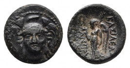 Seleukid Kingdom. Antiochos I Soter. 281-261 B.C. AE. Smyrna or Sardes mint. 
Obv: Bust of Athena facing wearing triple-crested Attic helmet.
Rev: BAΣ...