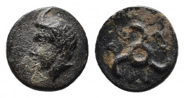 DYNASTS OF LYCIA. Perikles, circa 380-360 BC. Chalkous. Bronze.
Obv: Horned head of Pan to left. 
Rev: ΠE-PE-KΛ (in Lycian) Lycian triskeles to left. ...