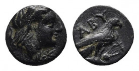 Troas, Abydos Æ. 4th-3rd century BC. 
Obv: Laureate head of Apollo to right.
Rev: Eagle standing to right; ABY to left, lyre to right. 
SNG Copenhagen...
