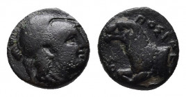 IONIA. Klazomenai. Ae (4th century BC). Uncertain magistrate
Obv: Helmeted head of Athena right.
Rev: [...]ΠOΣI. Forepart of ram left.
Cf. Weber 5762 ...