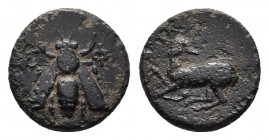 IONIA, Ephesos. Circa 370-350 BC. Æ. Uncertain magistrate. 
Obv: E - Φ, bee with straight wings
Rev: Stag kneeling left, head right; no astragalos abo...