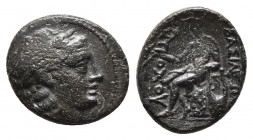 Seleukid Kingdom. Antioch. Antiochos II Theos 261-246 BC. Bronze Æ.
Obv: Laureate head of Apollo right.
Rev: Apollo Delphios seated left on omphalos, ...