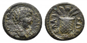 Lucius Verus, AE of Elaea, Aeolis. AD 161-169. 
Obv: ΛOYKIOC KAICAΡ, bare head right.
Rev: EΛAITΩN, basket with four corn-ears and a poppy. 
BMC 46; S...