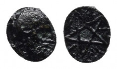 Mysia, Pitane. 4th-3rd century B.C. AE chalkous. 
Obv: Bearded head of Zeus Ammon right.
Rev: Π-Ι-T-Α-N, ethnic spelled out between points of a pentag...