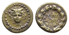 Lykaonia, Iconium Æ. Pseudo-autonomous issue, temp. Vespasian, AD 69-79. 
Obv: Facing head of Medusa.
Rev: ΚΛΑΥΔЄΙΚΟΝΙЄWΝ in three lines within wreath...