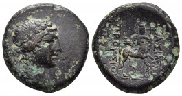 KINGS OF BITHYNIA. Prusias II Kynegos (182-149 BC). Ae. Nikomedeia.
Obv: Draped bust of Dionysos right, wearing ivy wreath.
Rev: BAΣIΛEΩΣ / ΠΡΟYΣIOY. ...