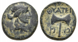 Lydia. Thyateira circa 200-100 BC. Bronze Æ.
Obv: Laureate head of Apollo right.
Rev: ΘΥΑΤΕΙΡΗΝΩΝ, labrys, monogram to right.
SNG von Aulock 3200-1.

...
