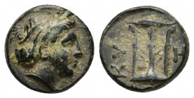 Mysia. Kyzikos circa 350-300 BC. Bronze Æ.
Obv: Head of Kore Soteira right, hair bound in sakkos.
Rev: KY-ZI, tripod, monogram to right, below, tunny ...