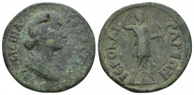 Faustina II. AE, Hierocaesarea, Lydia. 
Obv: ΦAVCTEINA CEBACTH, draped bust right.
Rev: IEΡ OKAICAΡEIA, Artemis standing right, holding bow, reaching ...