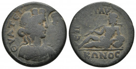 Thyateira, Lydia, AE22, semi-autonomous. 193-235. Magistrate Glukonos. 
Obv: ΘYATEIΡHNΩN, draped bust of Dionysos right, wreathed with ivy and with ad...