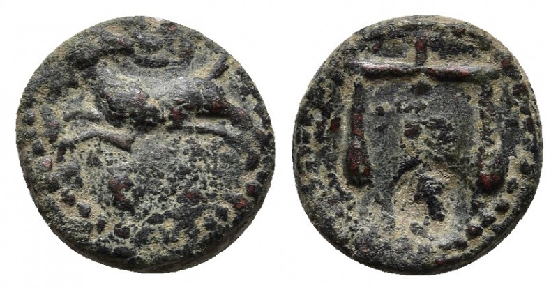 SYRIA, Uncertain. 3rd century AD. Hemiassarion. Bronze.
Obv: Ram leaping left, h...