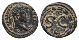 Elagabalus Æ As of Antioch, Seleucis and Pieria. AD 218-222. 
Obv: AVT KAI M A ANTΩNЄINOC, radiate head right.
Rev: S•C; Δ-Є above, eagle below; all w...