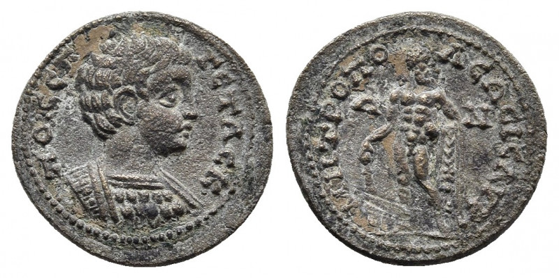 Geta, as Caesar, Æ of Isaura, Cilicia. AD 198-209. 
Obv: ΠO CЄΠ ΓETAC K, bare-he...