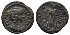 PHRYGIA. Bruzus. Julia Domna (Augusta, 193-217). Ae. 
Obv: IOVΛIA CЄBACTH. Draped bust right. R
Rev: ΚΑΙΚ ΡΟVΦΙΝΟC ΑΝЄΘΗΚЄ / ΒΡΟVZΗΝΩΝ. Asklepios stan...