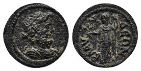 Blaundos, Lydia. Semi-Autonomous. Autonomous. 251-253. 
Obv: Bearded, draped bust of Zeus right, hair bound in a taenia.
Rev: BΛAYNΔEΩN, Demeter stand...