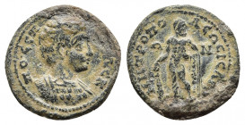 Geta, as Caesar, Æ of Isaura, Cilicia. AD 198-209. 
Obv: ΠO CЄΠ ΓETAC K, bare-headed and cuirassed bust to right.
Rev: MHTPOΠOΛEΩC ICAYP, Herakles sta...