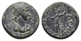 Phrygia, Synnada. Pseudo-autonomous. Late first or early second century A.D. AE.
Obv: Turreted head of Tyche right.
Rev: CYNNAΔEΩN, Athena standing le...