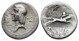 C. Calpurnius L. f. Frugi AR Denarius. Rome, 67 BC. 
Obv: Diademed head of Apollo left, •Σ behind.
Rev: Horseman galloping to left, holding torch in r...