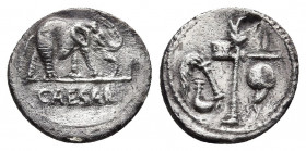 Caesar, Iulia, Denarius, mint moving with Cesar, 49-48 BC (RRC) 50-49 BC (BMCRR), AR.
Obv: Pontifical emblems Ð culullus, aspergillum, axe and apex.
R...